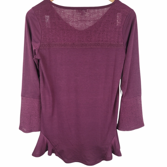 Burgundy V- neck Long sleeve Oversized mesh bell cuffs Tunic Top - Picture 5 of 16